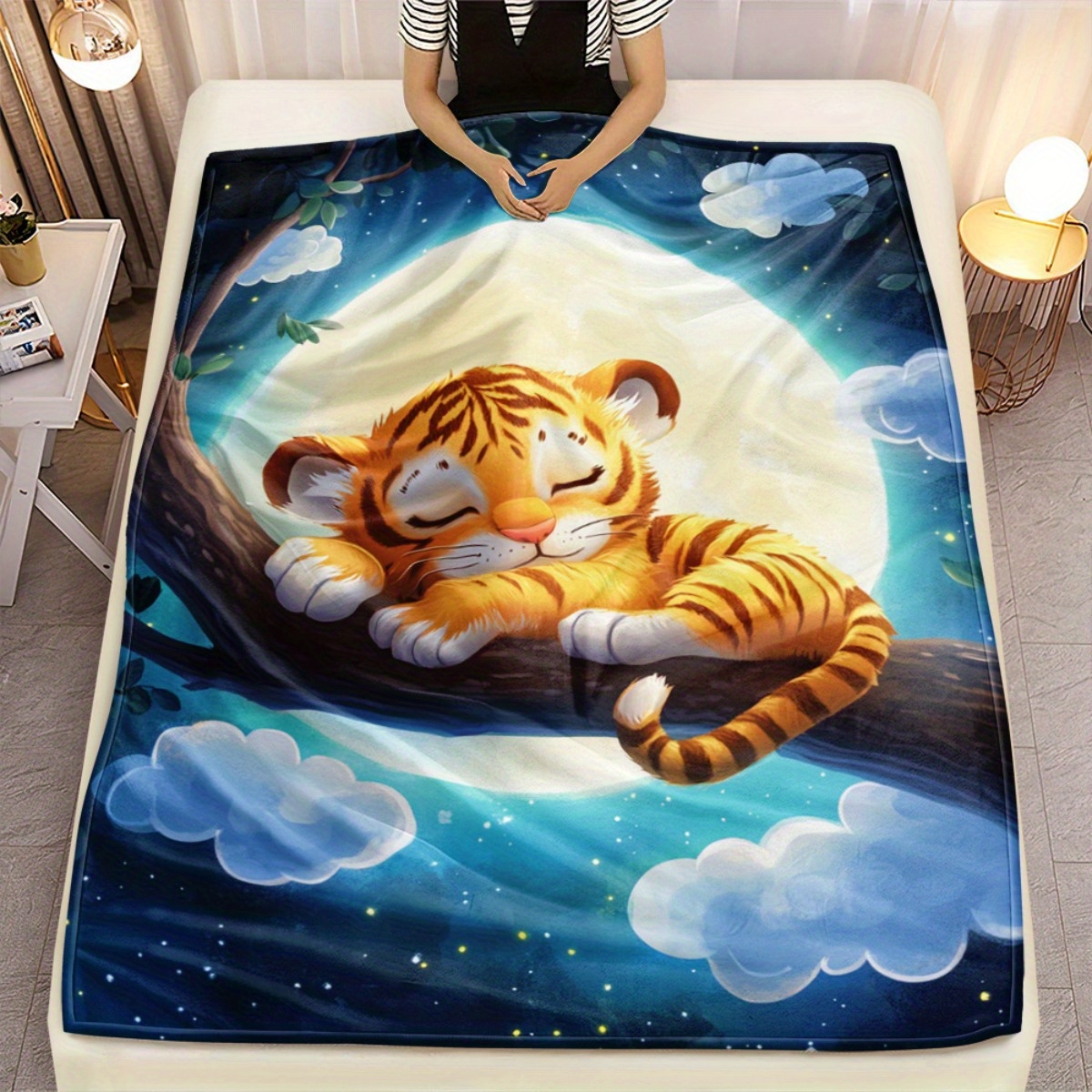 Baby Nursery Animal Theme - Couverture en flanelle, tigre endormi mignon