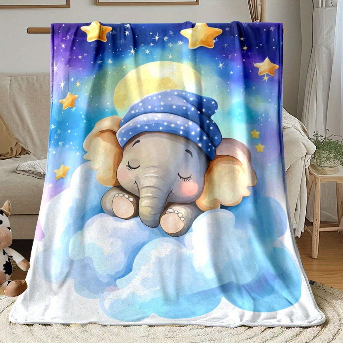 Baby Nursery Animal Theme - Couverture polaire pour bébé endormi, éléphant,